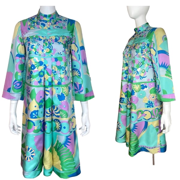 Vintage 1960’s Bessi Signed Border Print Mod GoGo Psychedelic Op Optic Hippie Couture Silk Dress Size 10 S