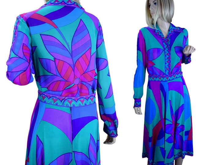 Featured listing image: Vintage 1970's EMILIO PUCCI Op Art Psychedelic Mod Silk Outfit Skirt & Blouse Dress 12 M