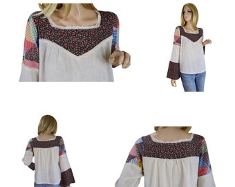 Vintage 1960's | 70's Gauzy Cotton Patchwork Calico Prairie Belled Sleeves Woodstock Hippie Boho Shirt Top Blouse Size M