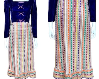 Vintage 1960's Pat Richards Velvet Laced Metallic Lame Tapestry Hippie Boho Prairie Maxi Dress S / M