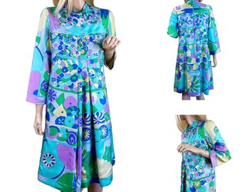 Vintage 1960’s Bessi Signed Border Print Mod GoGo Psychedelic Op Optic Hippie Couture Silk Dress Size 10 S