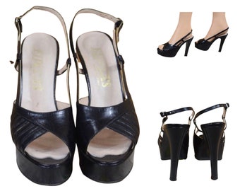 Sz 6 - Vintage 1970's ELDITA'S Women's Black Leather DISCO  Platform Shoes Sandals Size 6
