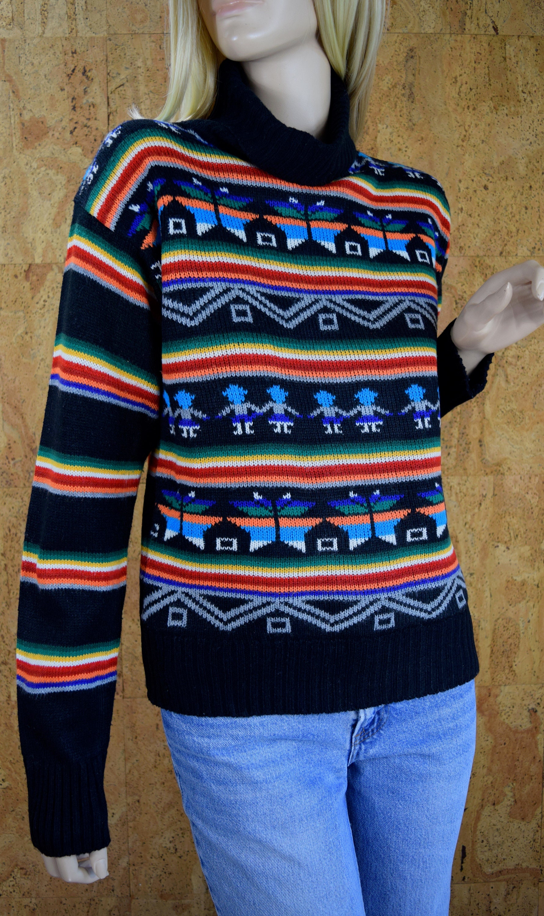 Vintage 1970's Women's COLLAGE Rainbow Striped Snowflake Fair Isle