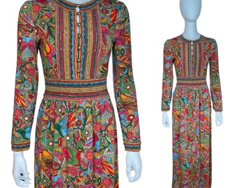 Vintage 1960's GOLDWORM Italy Couture Mexican Bird Floral Aztec Patterned MERINO Wool Knit Sweater Maxi Dress Size S