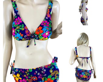 NWT - Vintage 1960's Sears Jr. Bazaar NEON Psychedelic Flower Hawaiian Barkcloth Hippie Mod Swimsuit 2 Pc. Bikini Size M