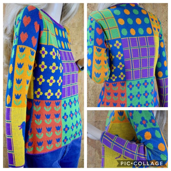 Vintage 1970's Women's whimsical Patchwork PoP ArT Heart Polka Dot Bird Novelty Color Blocked  HiPPiE MOD Sweater Size S / M