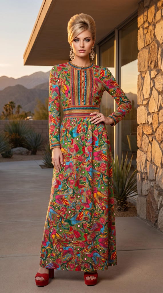 aztec knitted dress Vintage 60's GOLDWORM Couture Patterned Wool Knit Maxi Size 4 6 Aztec patterns