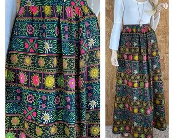 Vintage 1960’s | 70’s Alex Coleman Folk Art Psychedelic Neon Heart Flower Print Hippie Boho Maxi Skirt Size M 28W