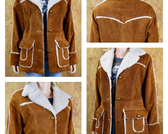 Vintage 1970’s Women's Cognac Brown Suede Faux Shearling Rancher Western Hippie Boho Coat Jacket Size M 14