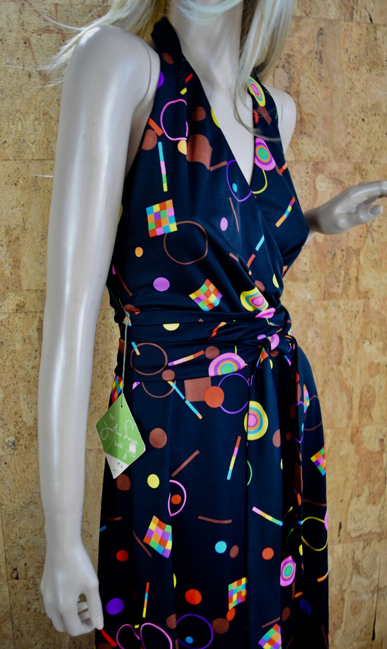 Never Worn NWT Vintage 1970/'s Jonathan Logan Women/'s Rainbow Neon Psychedelic Halter Disco Op Art Maxi Wrap Style Dress Size S 9