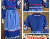 Vintage 1970 39 s Vicky Vaughn Rainbow Flower Embroidered Denim Hippie Boho Prairie Maxi Dress Size S
