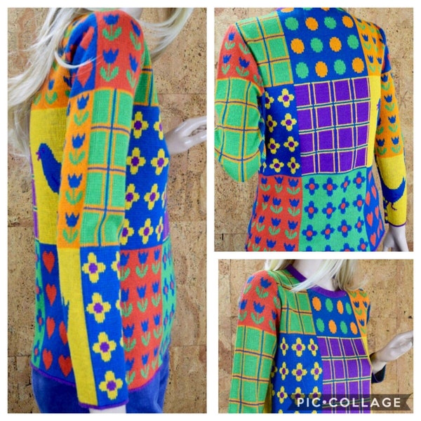 Vintage 1970's Women's Whimsical Patchwork Pop Art Heart Polka Dot Bird Novelty Color Blocked HiPPiE MOD Sweater Size S / M