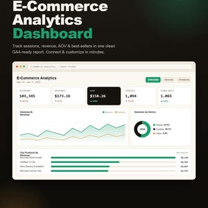 May include: A digital E-Commerce Analytics Dashboard template for Looker Studio. The interface displays metrics including sessions, revenue, AOV, orders, and conversion rate, alongside a line graph, a device donut chart, and a top products list.