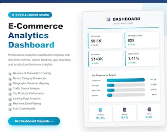 Website Analytics Dashboard | Google Looker Studio Template, Sales Tracker, Ecommerce Report, Small Business Analytics