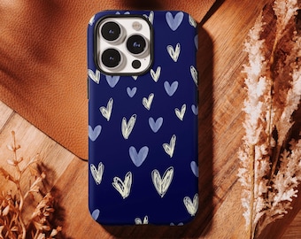 Custodia con cuore blu navy, cover per telefono con stampa minimalista a cuori disegnati a mano, stile Moody Cool Neutral per iPhone 17 16 15 14 13 12, Samsung S26 S25 S24 Ultra