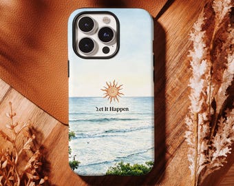 Cover per telefono con citazione "Oceano Sole", design minimalista con onde costiere e scritta "Let It Happen" per iPhone 17 16 15 14 13 12 Pro Max, Samsung S26 S25 S24 Ultra