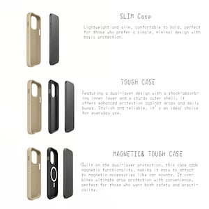 Puede incluir: Imagen que muestra tres tipos de fundas para tel&eacute;fonos: Slim, Tough y Magnetic & Tough. Cada funda se muestra en dos partes, una beige y otra negra, destacando su dise&ntilde;o y caracter&iacute;sticas. Descripciones de texto acompa&ntilde;an cada tipo de funda.