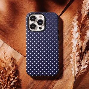 May include: A dark blue smartphone case featuring a repeating pattern of small white polka dots. The case has a rectangular cutout at the top left corner to accommodate a triple-lens camera system and a flash, with a black border around the lens area.