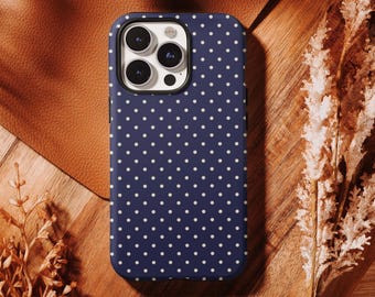 Custodia per telefono a pois blu navy, cover classica a pois bianchi minimalista preppy per iPhone 17 16 15 14 13 12 11 Pro Max, Samsung S26 S25 S24 Ultra