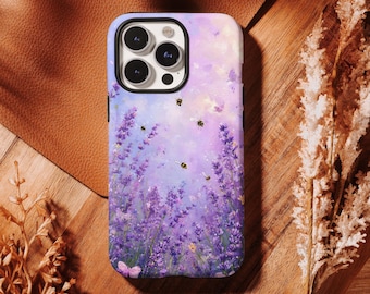 Cover per telefono con ape e lavanda, estetica prato viola ad acquerello per iPhone 17 16 15 14 13 12 11 Pro Max, Samsung S26 S25 S24 Ultra