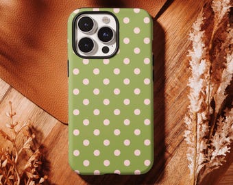 Custodia per telefono Coquette verde oliva a pois rosa, stile classico vintage, estetica preppy per iPhone 17 16 15 14 13 12 Pro Max, Samsung S26 S25 S24 Ultra