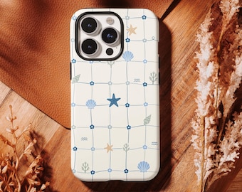 Coastal Seashell Phone Case, Blue Grid Ocean iPhone Case, Starfish Shell Beach iphone 17 16 15 14 13 12 11 Pro Max,Samsung S26 S25 S24 Ultra