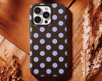 Custodia per telefono vintage retrò marrone e azzurro a pois, classica, neutra e carina, regalo per iPhone 17 16 15 14 13 12 Pro Max, Samsung S26 S25 S24 Ultra