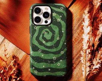 Funda para teléfono Green Grunge Starry Swirl, patrón de estrella psicodélica Y2K, Spiral Stars iPhone 17 16 15 14 13 12 Pro Max, Samsung S26 S25 S24 Ultra