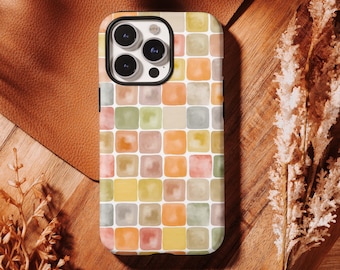 Custodia a mosaico ad acquerello, custodia per iPhone dai colori pastello tenui, motivo quadrato colorato per iPhone 17 16 15 14 13 12 11 Pro Max, Samsung S26 S25 S24 Ultra