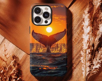 Cover per telefono con coda di balena al tramonto, cover con vita marina e ora d'oro dell'oceano per iPhone 17 16 15 14 13 12 11 Pro Max, Samsung S26 S25 S24 Ultra