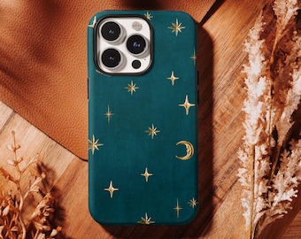 Funda vintage color verde azulado con estrella dorada y luna creciente - Protector celestial caprichoso para iPhone 17 16 15 14 13 12 Pro Max, Samsung S26 S25 S24 Ultra