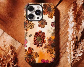 Custodia con stampa leopardata e floreale, dipinto ad olio vintage con fiori selvatici, stampa animalier boho per iPhone 17 16 15 14 13 12 11 Pro Max, Samsung S26 S25 S24 Ultra