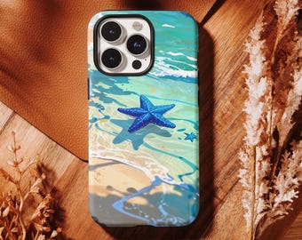 Custodia per telefono con stelle marine e spiaggia, custodia estiva costiera con onde blu per iPhone 17 16 15 14 13 12 Pro Max, Samsung S26 S25 S24 Ultra