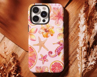 Cover per telefono con ibisco tropicale rosa, cavalluccio marino ad acquerello e pompelmo per iPhone 17 16 15 14 13 12 11 Pro Max, Samsung S26 S25 S24 Ultra