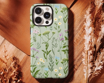 Custodia per telefono con fiori selvatici verdi, cover floreale botanica, regalo elegante per lei, compatibile con iPhone 17, 16, 15, 14, 13, 12, 11 Pro Max, Samsung S26, S25, S24 Ultra.