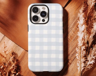 Custodia a quadretti azzurri, custodia per iPhone a scacchi pastello tenue, minimal cottagecore per iPhone 17 16 15 14 13 12 11 Pro Max, Samsung S26 S25 S24 Ultra
