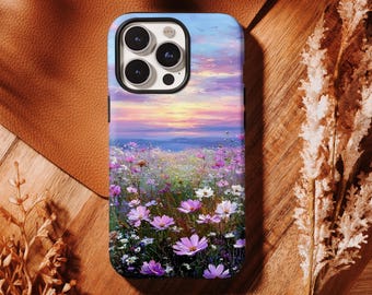 Cover per telefono con fiori selvatici al tramonto, estetica sognante con prato fiorito cosmico per iPhone 17 16 15 14 13 12 11 Pro Max, Samsung S26 S25 S24 Ultra