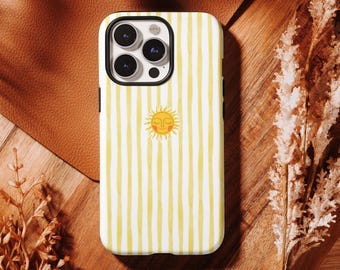Custodia per telefono a righe gialle con motivo sole, custodia estiva per telefono, custodia resistente per telefono, per iPhone 17 16 15 14 13 12 11 Pro Max, Samsung S26 S25 S24 Ultra