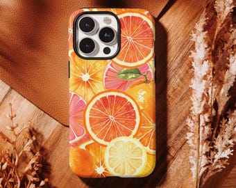 Custodia arancione brillante con agrumi, custodia con grafica ad acquerello di frutta estiva, custodia tropicale stravagante per iPhone 17 16 15 14 13 12 11 Pro Max, Samsung S26 S25 S24 Ultra