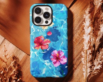 Custodia per telefono con ibisco tropicale e acqua, cover resistente estiva con motivo floreale oceano blu per iPhone 17 16 15 14 13 12 Pro Max, Samsung S26 S25 S24 Ultra