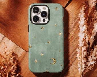 Cover per telefono celeste verde, luna, stelle, magica, vintage e mistica per iPhone 17 16 15 14 13 12 Pro Max, Samsung S26 S25 S24 Ultra