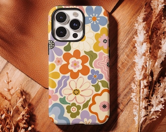 Cover per telefono floreale stile retrò anni '70, cover floreale colorata e groovy, estetica vintage per iPhone 17 16 15 14 13 12 11 Pro Max, Samsung S26 S25 S24 Ultra