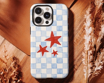 Custodia per telefono Coquette Blue Gingham Red Star, scacchiera rustica disegnata a mano con stelle per iPhone 17 16 15 14 13 12 Pro Max, Samsung S26 S25 S24 Ultra