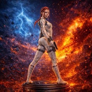 May include: A figurine of a woman in a white and tan bodysuit, holding a gun, with red hair in braids. The background features a fiery orange and blue lightning effect. The figurine is standing on a circular platform.