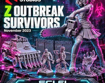 May include: A collection of gray 3D printed miniatures featuring a character with a chainsaw, a survivor with an axe, a survivor with a sword, and a spiked armored truck. Text reads Loot Studios, Z Outbreak Survivors, November 2023, and Sci Fi.