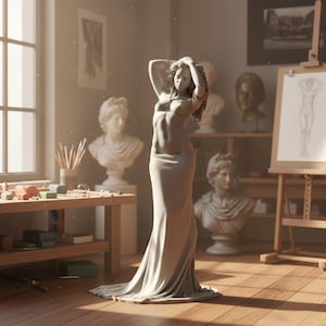 May include: A gray sculpture of a woman with her arms raised, standing in a studio. The studio has a wooden table with art supplies, busts, and a drawing on an easel. The room is lit by natural light.
