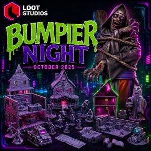 Può includere: Immagine promozionale per Loot Studios con miniature e modelli di edifici. Il testo "BUMPIER NIGHT OCTOBER 2025" è in verde e viola. L'immagine include una figura in abito e una statua di gatto.