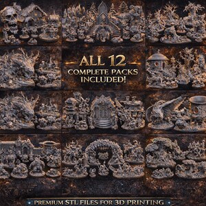 Peut inclure: Une collection de 12 packs complets de mod&egrave;les miniatures fantastiques pour l'impression 3D. Les mod&egrave;les incluent des ch&acirc;teaux, des dragons et d'autres cr&eacute;atures fantastiques. Le texte "ALL 12 COMPLETE PACKS INCLUDED!" est affich&eacute; en or.