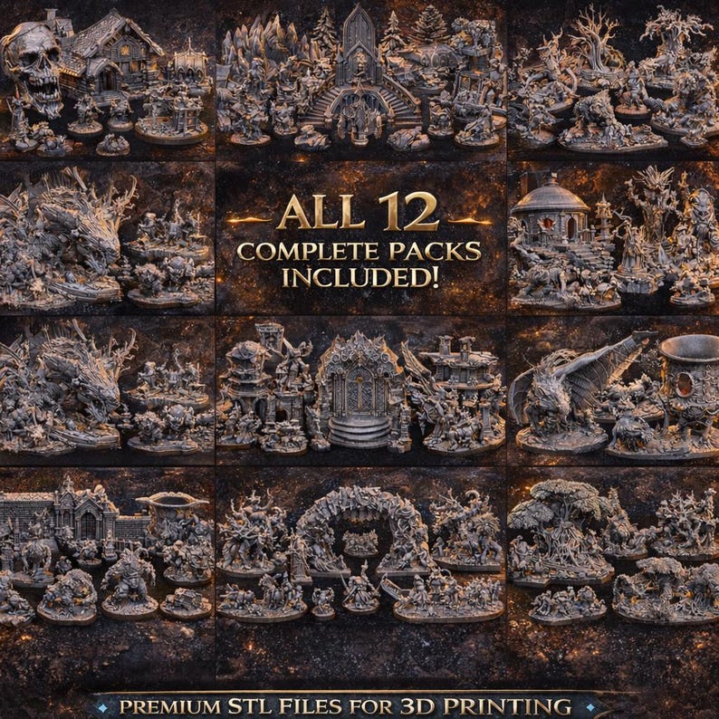 Peut inclure: Une collection de 12 packs complets de mod&egrave;les miniatures fantastiques pour l'impression 3D. Les mod&egrave;les incluent des ch&acirc;teaux, des dragons et d'autres cr&eacute;atures fantastiques. Le texte "ALL 12 COMPLETE PACKS INCLUDED!" est affich&eacute; en or.