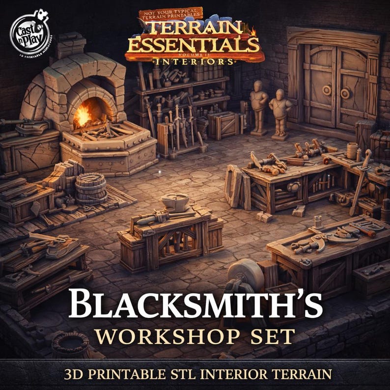 May include: A detailed digital rendering of a blacksmith's workshop set. The scene includes a forge with a glowing fire, workbenches, tools, and various props. The text "BLACKSMITH'S WORKSHOP SET" and "3D PRINTABLE STL INTERIOR TERRAIN" are visible.